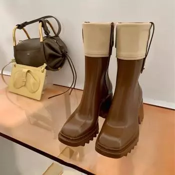 2024 Брендовые дизайнерские зимние женские сапоги длиной до колена с круглым носком, повседневные сапоги с квадратным каблуком, на толстой подошве, женские сапоги Botas De Mujer 35 чёрный