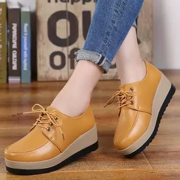 2024 Брендовые кожаные кроссовки на плоской подошве, женские туфли на платформе со шнуровкой, женские мокасины на танкетке, женские лоферы, повседневная обувь CN 33 (Foot 21.5cm) бежевый