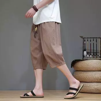 2024 брендовые льняные брюки для мужчин, мешковатые укороченные брюки большого размера с большими карманами, свободные повседневные брюки-шаровары для мужчин 2XL чёрный