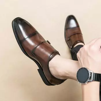 2024 Брендовые мужские кожаные туфли с двойной пряжкой, слипоны из натуральной кожи, деловые туфли-броги ручной работы для мужчин с пряжкой 38 чёрный