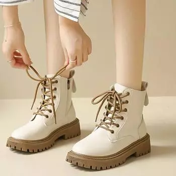 2024 Брендовые туфли для женщин, женские ботинки на шнуровке и молнии, осенние модные ботинки с круглым носком, однотонные, короткие, на платформе-бочке, водонепроницаемые 35 бежевый