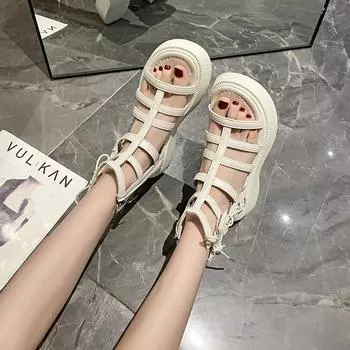 2024 Брендовые женские туфли на молнии, женские сандалии, модные босоножки на шнуровке, женские новые сандалии на плоской подошве с круглым носком, Zapatos Mujer 35 бежевый