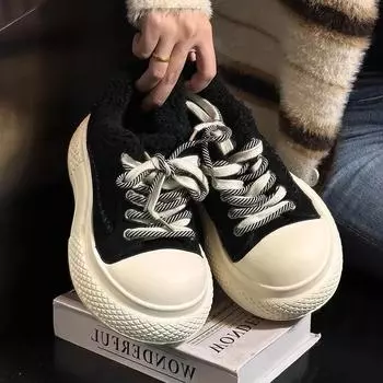 2024 Брендовые женские туфли на шнуровке спереди, женские вулканизированные туфли, модные, бархатные, горячая распродажа, классические повседневные туфли с круглым носком 35 чёрный