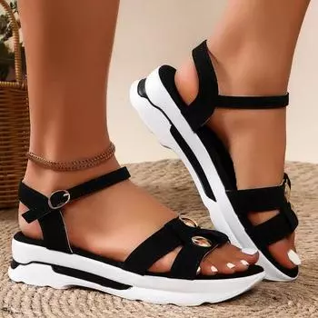 2024 Брендовые женские туфли с пряжкой на ремне, женские сандалии, модные повседневные сандалии с заклепками, женские, горячая распродажа, босоножки на танкетке больших размеров Zapatos 36 чёрный