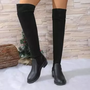 2024 Брендовые женские туфли Женские сапоги выше колена Лаконичные современные сапоги Женские туфли с круглым носком на низком каблуке Слипоны Большие размеры Женские 35 чёрный