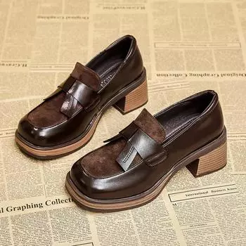 2024 Британский стиль Женская обувь Модные лоферы Весна Осень Бантик Квадратный носок Высокий каблук Коричневые маленькие кожаные туфли 35 коричневый