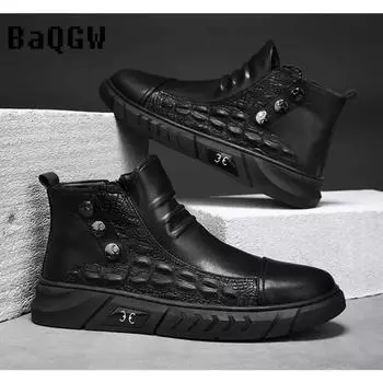 2024 Британский стиль мужские ботинки высокие роскошные PU кожа осень зима модные рабочие ботинки на молнии удобные для прогулок на открытом воздухе 39 чёрный