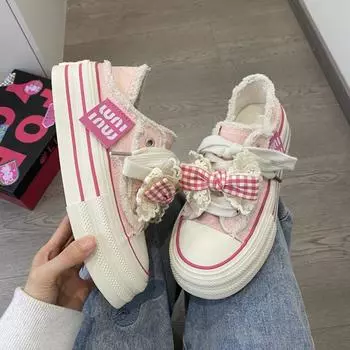 2024 Canvas Shoes Women s Thick-soled Sneakers New Bow Lace Casual Shoes Women s White Lace-up Skate Woman Shoes 35 бежевый