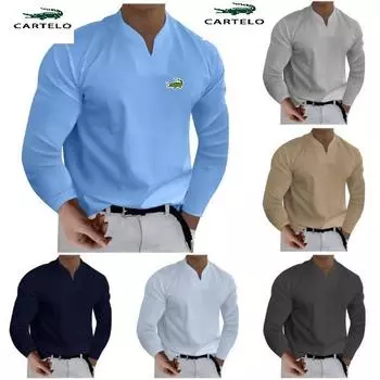 2024 CARTELO Мужская повседневная однотонная мужская деловая футболка с v-образным вырезом и длинными рукавами