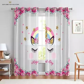 2024 Cartoon Cute Unicorn Tulle Windows Curtains for Living Room Child Bedroom Window Treatment Voile Kitchen Curtains W50X130H(CM)X2PCS&Grommet Top