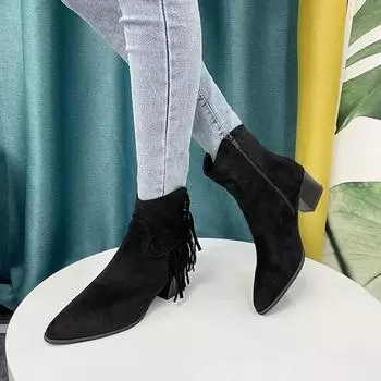 2024 Chelsea Boots Square Heel Side Zip Solid Color Ankle Heels Western Cowboy Style Shoes Elegant Woman Heeled Punk Plus Size 35 чёрный