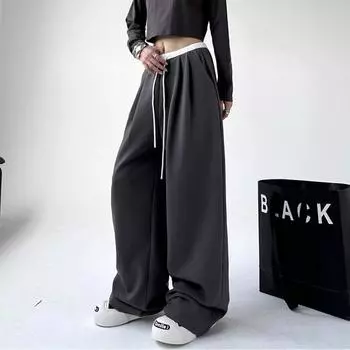 2024 черная корейская версия спортивных штанов для женщин осень-зима свободные модные повседневные утолщенные трендовые тонкие широкие брюки S чёрный