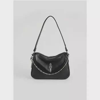 2024 Черная сумка на одно плечо из натуральной кожи Chicken Nugget: Нишевый дизайн, универсальная высококачественная женская сумка на цепочке Lettered version: 27*8*18cm чёрный