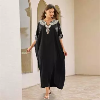 2024 черный модный купальный костюм, накидка для женщин, домашнее платье, шикарный вышитый кафтан, летний пляжный купальник, накидка, наряд Q1622 One Size чёрный