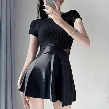 2024 Черный Сетчатый Купальник с Вырезами и Короткими Рукавами - Скрывающий Живот, Стройнящий, Консервативный Стиль L