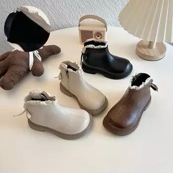 2024 Детские короткие ботильоны для девочек, зимняя новая принцесса, милая бабочка во французском стиле, кружевная модная удобная кожаная обувь 23 бежевый