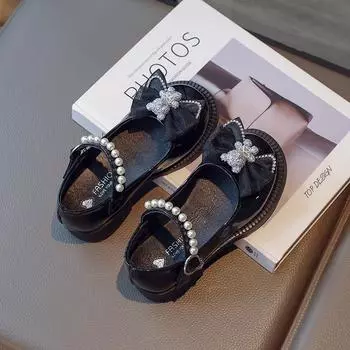 2024 Children Fashion Girls Leather Shoes Bear Pearls Chic Versatile Soft Princess Shoes Shallow Mary Janes for Party Wedding 26 бежевый