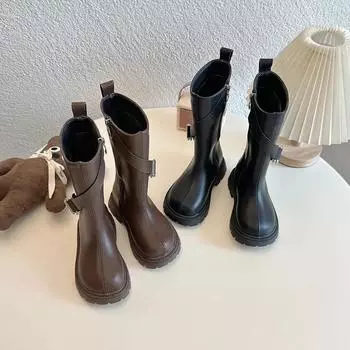 2024 Children Fashion High Boots for Girls Winter New British Style Soft Sole Anti-slippery Versatile Chic Catwalk Leather Shoe 23 чёрный