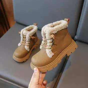 2024 Children Fashion Short Boots for Girls Winter New Fashion Korean Style Soft Thick Sole Anti-slippery Versatile Leather Shoe 26 чёрный