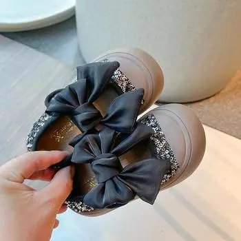 2024 Children Flats for Girl Autumn New Fashion Sweet Bowtie Soft Sole Anti-slippery Korean Style Learning Walking Casual Shoes 22 чёрный