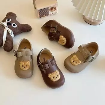 2024 Children Leather Casual Shoes for Girls Autumn New Fashion Korean Style Soft Bottom Cute Bear Anti-slippery Simple Flats 21 абрикосовый