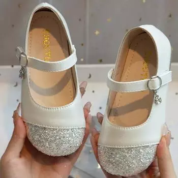 2024 Children Leather Shoe for Girl Autumn New Fashion Soft Bottom Chic Performance Dancing Flats Vasual Versatile Princess Shoe 26 бежевый