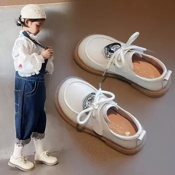 2024 Children Leather Shoe for Girl Autumn New Fashion British Style Princess Chic Round-head Casual Wedding Anti-slippery Flats 26 бежевый