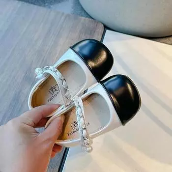 2024 Children Leather Shoes for Girls Autumn New Fashion Korean Sttyle Princess Soft Bottom Elegant Pearl Party Wedding Shoes 23 бежевый