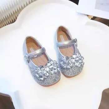 2024 Children Leather Shoes for Girls Autumn New Princess Style Fashion Comfortable Anti-slippery Elegant Rhinestone Party Shoes 23 бежевый