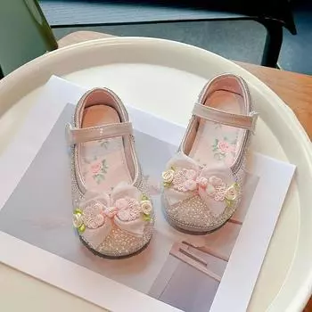 2024 Children Leather Shoes for Girls Summer New Fashion Soft Comfortable Princess Chinese Knot Sweet Flowers Anti-slippery Shoe 23 бежевый