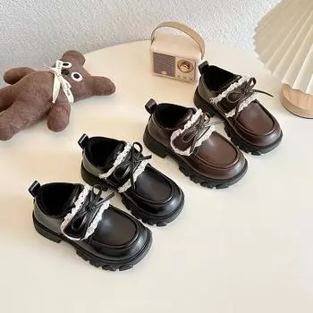 2024 Children Leather Shoes for Girls Winter New Fashion Korean Style Princess Elegant Bowtie Soft Bottom Versatile Plush Loafer 23 чёрный