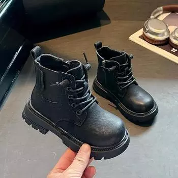2024 Children Plush Fashion Boots for Girls Winter New Korean Style Soft Thick Sole Anti-slippery Versatile Trendy Leather Shoes 24 чёрный