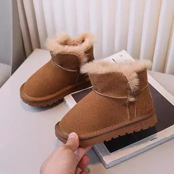 2024 Children Plush Keep Warm Boots for Girls Winter New Fashion Korean Style Soft Bottom Anti-slippery Versatile Leather Shoes 21 чёрный
