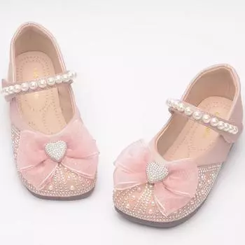 2024 Детская обувь принцессы с жемчужным бантом, повседневная обувь для вечеринки и свадьбы, детская неглубокая кожаная обувь, модная танцевальная обувь для девочек 25 розовый