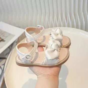 2024 Children Sandals for Girl Summer New Fashion Sweet Bowtie Soft Comfortable Chic Anti-slippery Flats Outside Cool Beach Shoe 26 бежевый