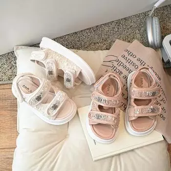 Детские сандалии для девочек 2024 года, летняя новая мода, мягкая подошва, удобная принцесса, нескользящая, в корейском стиле, универсальная пляжная обувь 23 бежевый