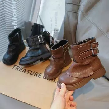 2024 Children Short Boots for Girl Winter New Fashion British Style Soft Bottom Anti-slippery Casual Versatile Warm Leather Shoe 26 чёрный