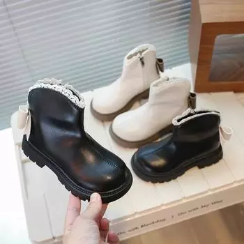 2024 Детские короткие ботинки для девочек, осень, новая мода, британский стиль, милая бабочка, элегантные кружевные принцессы, универсальные кожаные туфли 26 бежевый