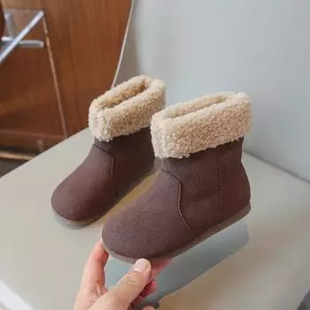 2024 Children Short Boots for Girls Winter New Fashion Korean Style Soft Bottom Versatile Anti-slippery Chic Plush Leather Shoes 26 коричневый