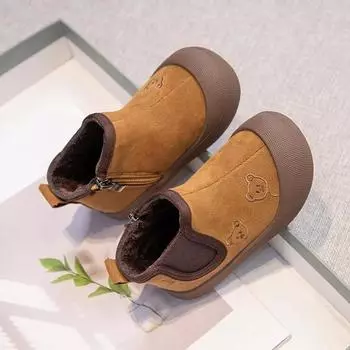2024 Children Short Boots for Girls Winter New Fashion Korean Style Soft Bottom Anti-slippery Versatile Side Zipper Leather Shoe 22 верблюд