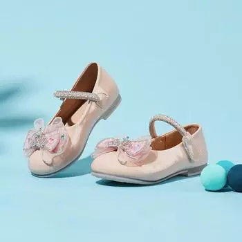 2024 Children Summer New British Style Soft Beautiful Cute Bow Shiny Crown Flat-heel Shallow Leather Shoes for Girls Party Shoes 27 бежевый