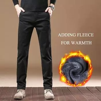2024 Чистый хлопок Повседневные брюки с плюшевым утолщением/Обычные мужские простые однотонные удобные облегающие прямые брюки делового покроя теплые длинные брюки 28 хаки