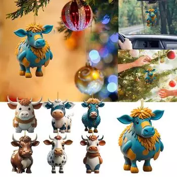 2024 Christmas Tree Pendant Acrylic Flat Cute Cartoon Cow Car Hanging Ornament Home Decor Xmas Supplies Navidad
