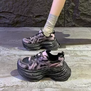 2024 Chunky Women Sports Soft Sole Running Shoes for Women Fashion Casual Leather Breathable Height Increased Platform Shoes 35 чёрный