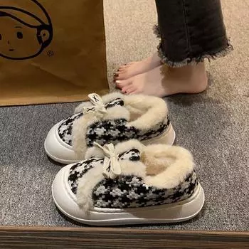 2024 Classic Plaid Printed Plush Platform Shoes for Women Soft and Fluffy Slippers for Women Lace-up Furry Fleece Flat Shoes 36-37 чёрный