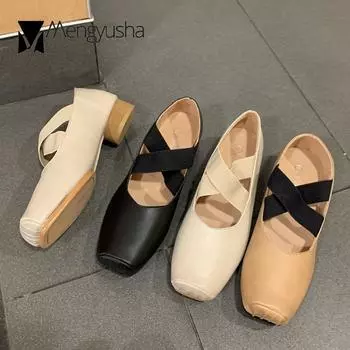 2024 Cross Elastic band ballet flats woman designer shoes for women heels loafers retro square toe grandma shoes femme moccasins 5 чёрный