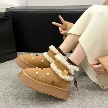 2024 милые теплые меховые зимние ботинки на толстой подошве, теплые хлопковые ботинки, женские плюшевые пушистые короткие ботинки 35 коричневый