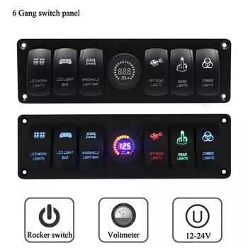 2024 цветной 12 В 6-клавишный переключатель панели автоматический выключатель светодиодный вольтметр RV автомобиль морской катер переключатель панель светодиодный переключатель панель авто чёрный
