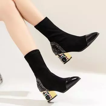 2024 Cyber Red Осень и зима Новый стиль модные ботинки женские грубый каблук с ромбовидными заплатками универсальные нюдовые ботинки 35 чёрный