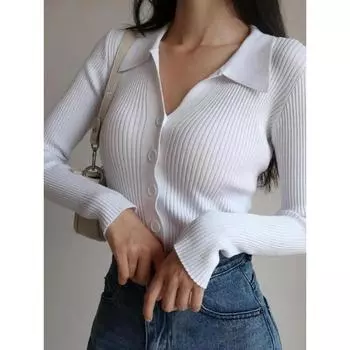 2024 Дамские пуговицы Сексуальный V-образный вырез Длинный рукав Поло воротник Вязаный кардиган свитер Женщины Лацкан Тонкий Топы S белый
